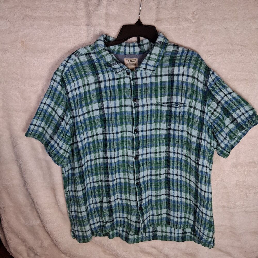 Ll Bean Rugged Plaid Waffle Shirt 2xl Green Traditional Fit